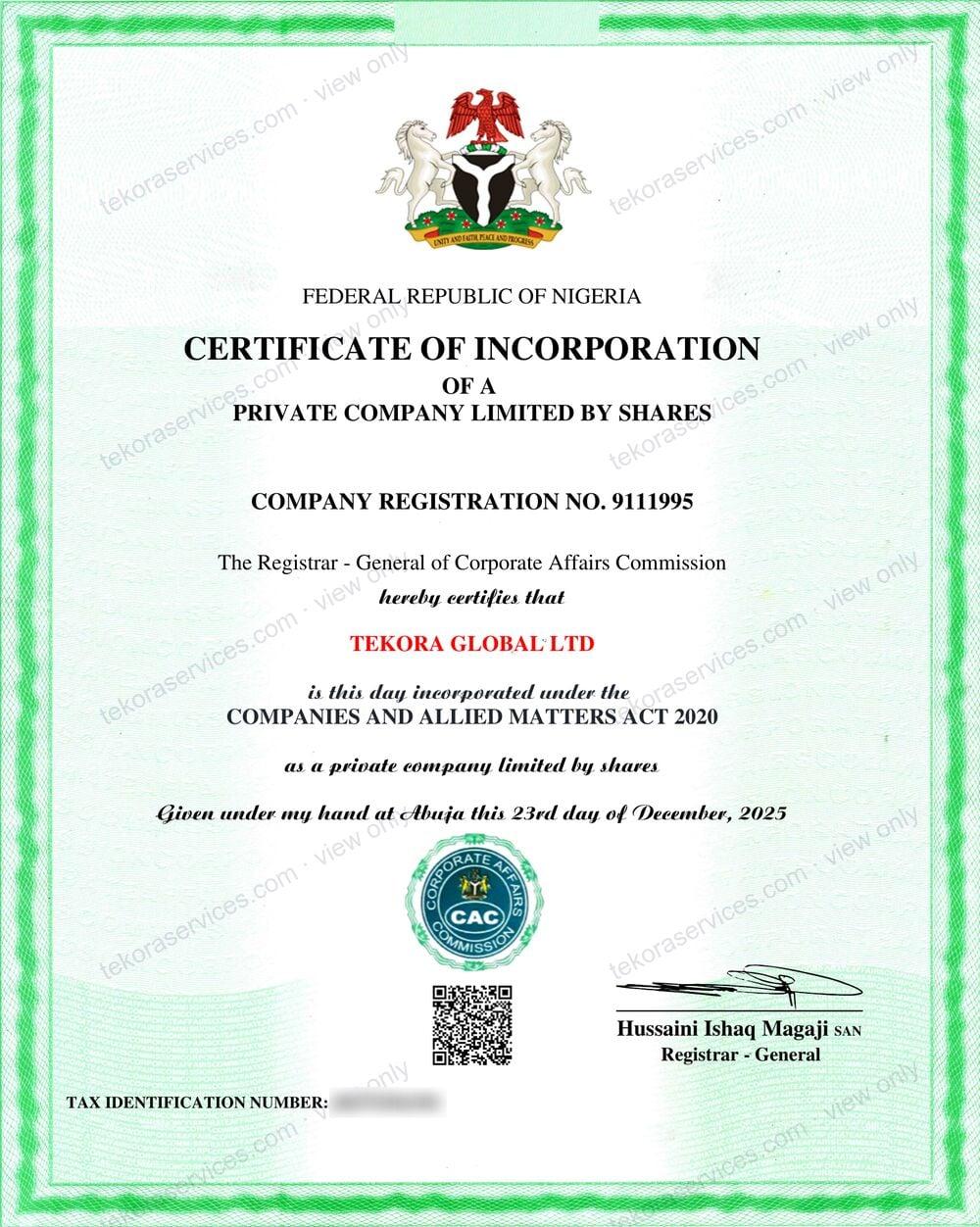 Certificate of incorporation of Tekora Global LTD, company registration number 9111995, issued by the Corporate Affairs Commission of Nigeria