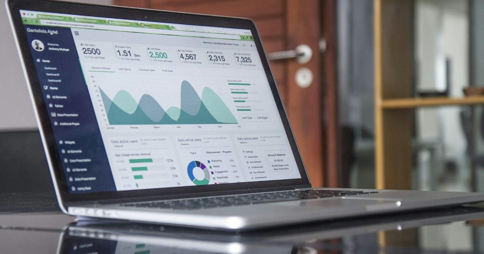 A laptop on a glass table showing a business dashboard with charts