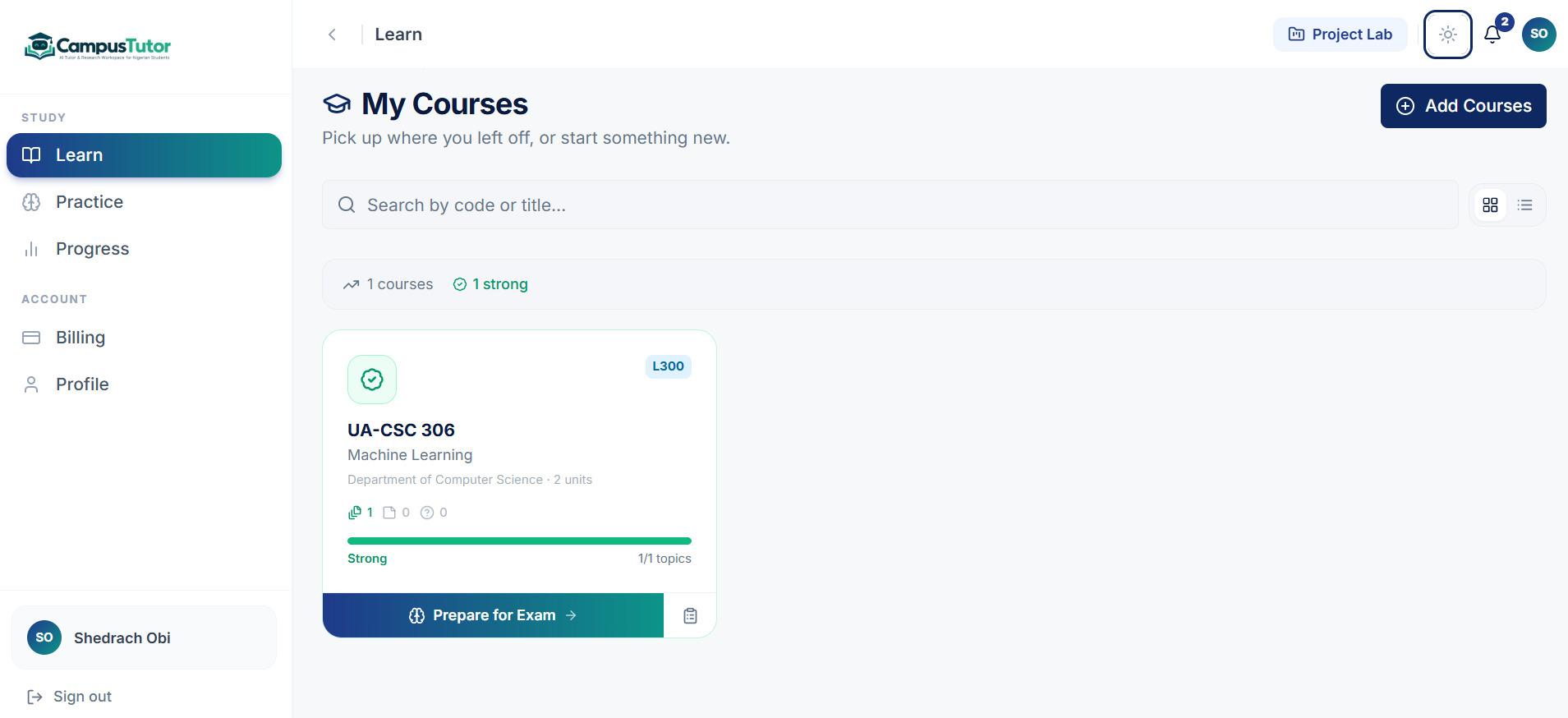 CampusTutor’s My Courses screen: a Machine Learning course card with topic progress marked Strong and a Prepare for Exam button