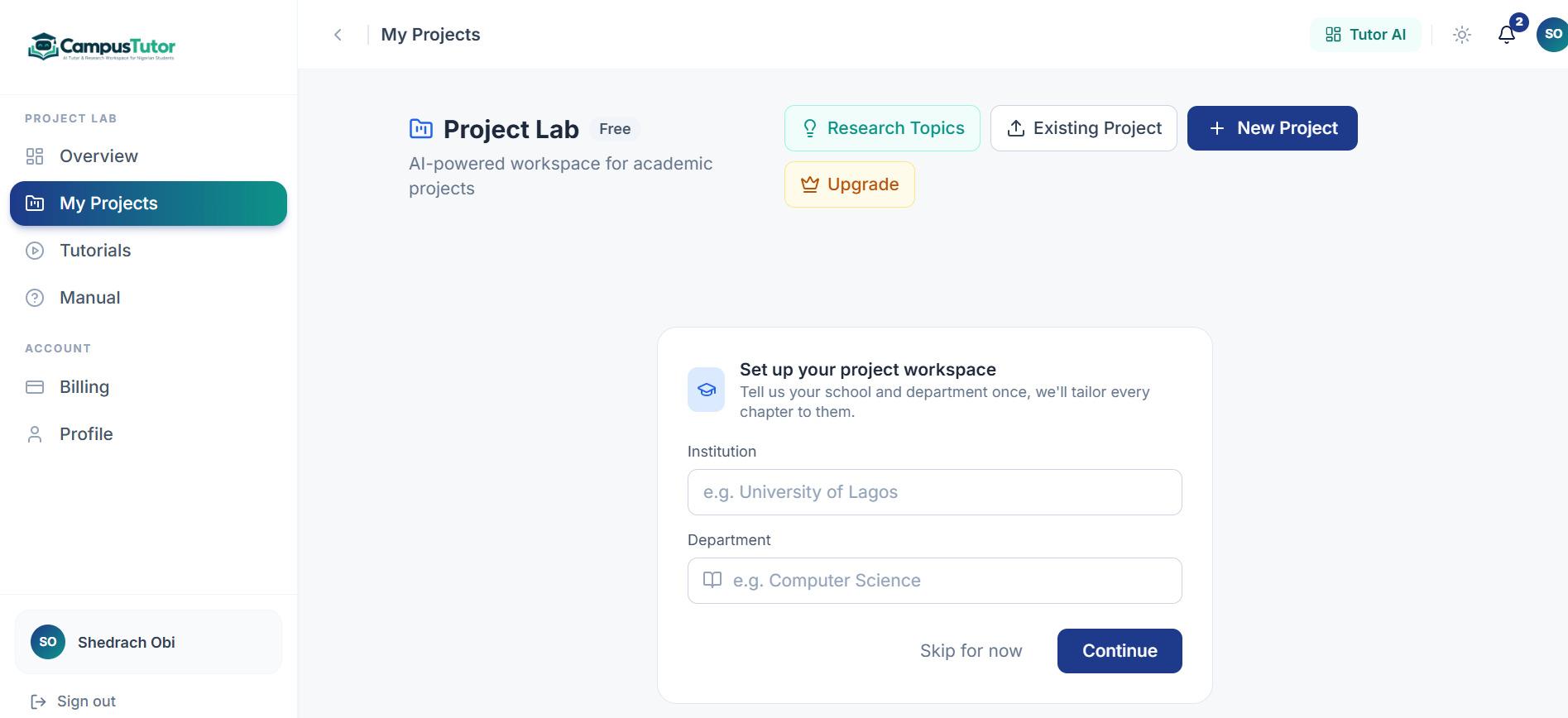 CampusTutor Project Lab on desktop, with options for research topics, an existing project or a new project, and a workspace setup form