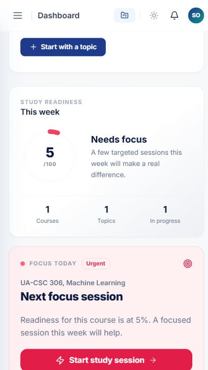 CampusTutor dashboard on a phone: a weekly study readiness score and a Focus Today card suggesting the next study session