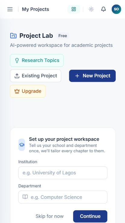 CampusTutor Project Lab on a phone, asking for institution and department to set up a project workspace
