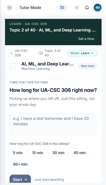 CampusTutor Tutor Mode on a phone, asking how long the student has for this sitting, with 5, 15, 30, 60 and 90+ minute options