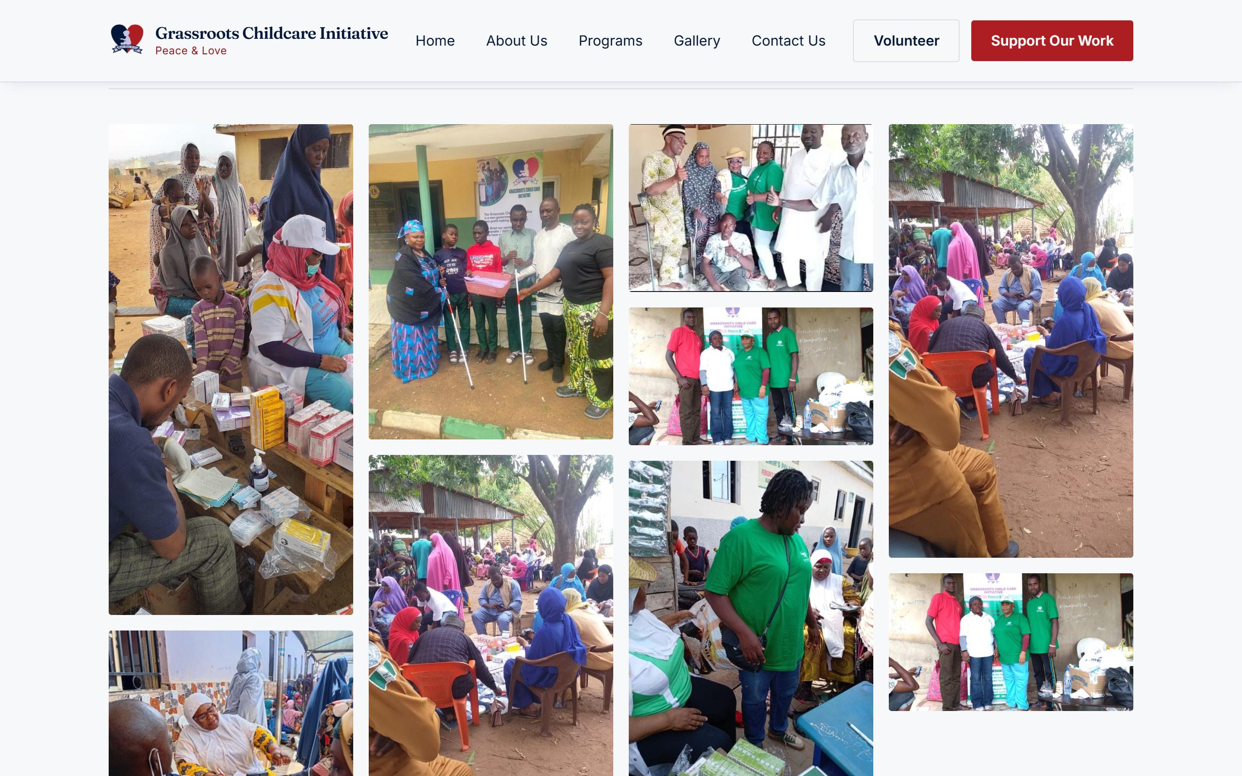 GCCI photo gallery of community health outreaches, with volunteers in green shirts and residents waiting to be seen