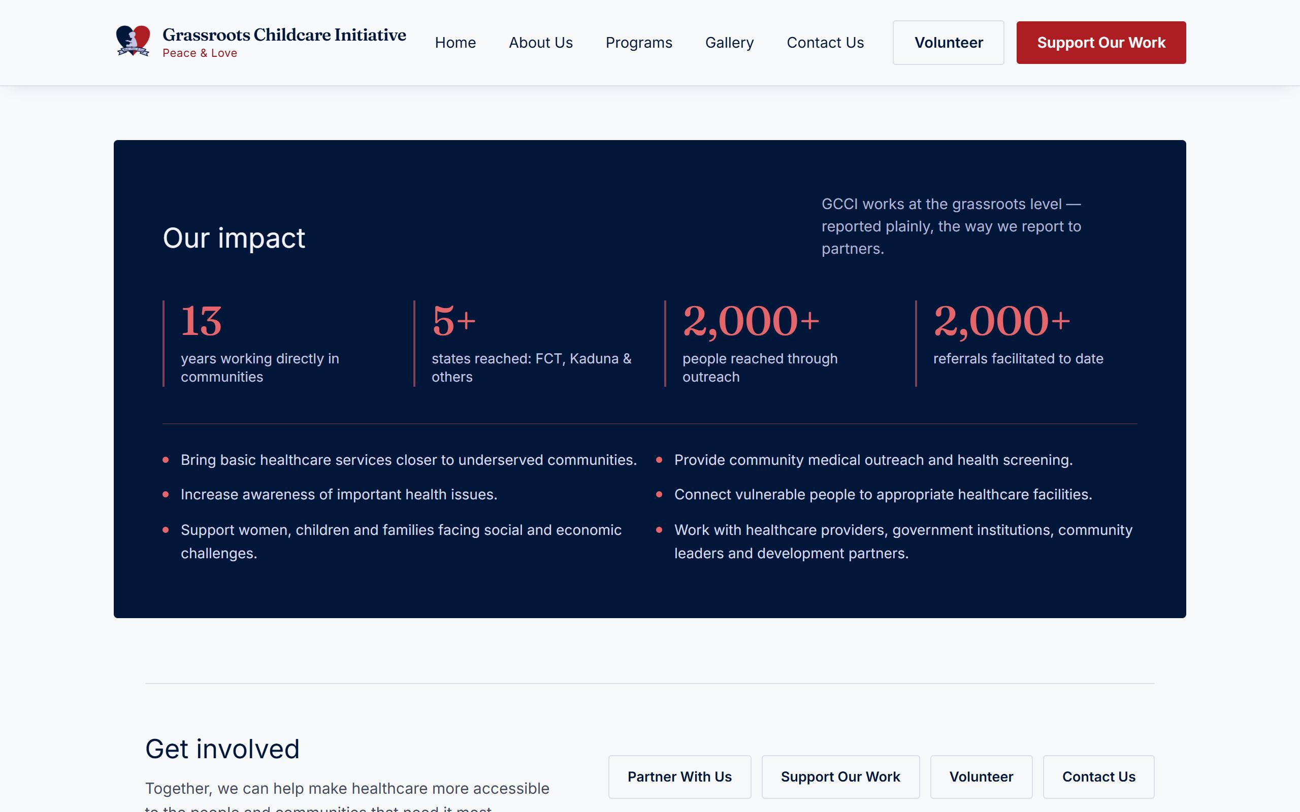 GCCI impact section listing years of work, states reached, people reached and referrals facilitated