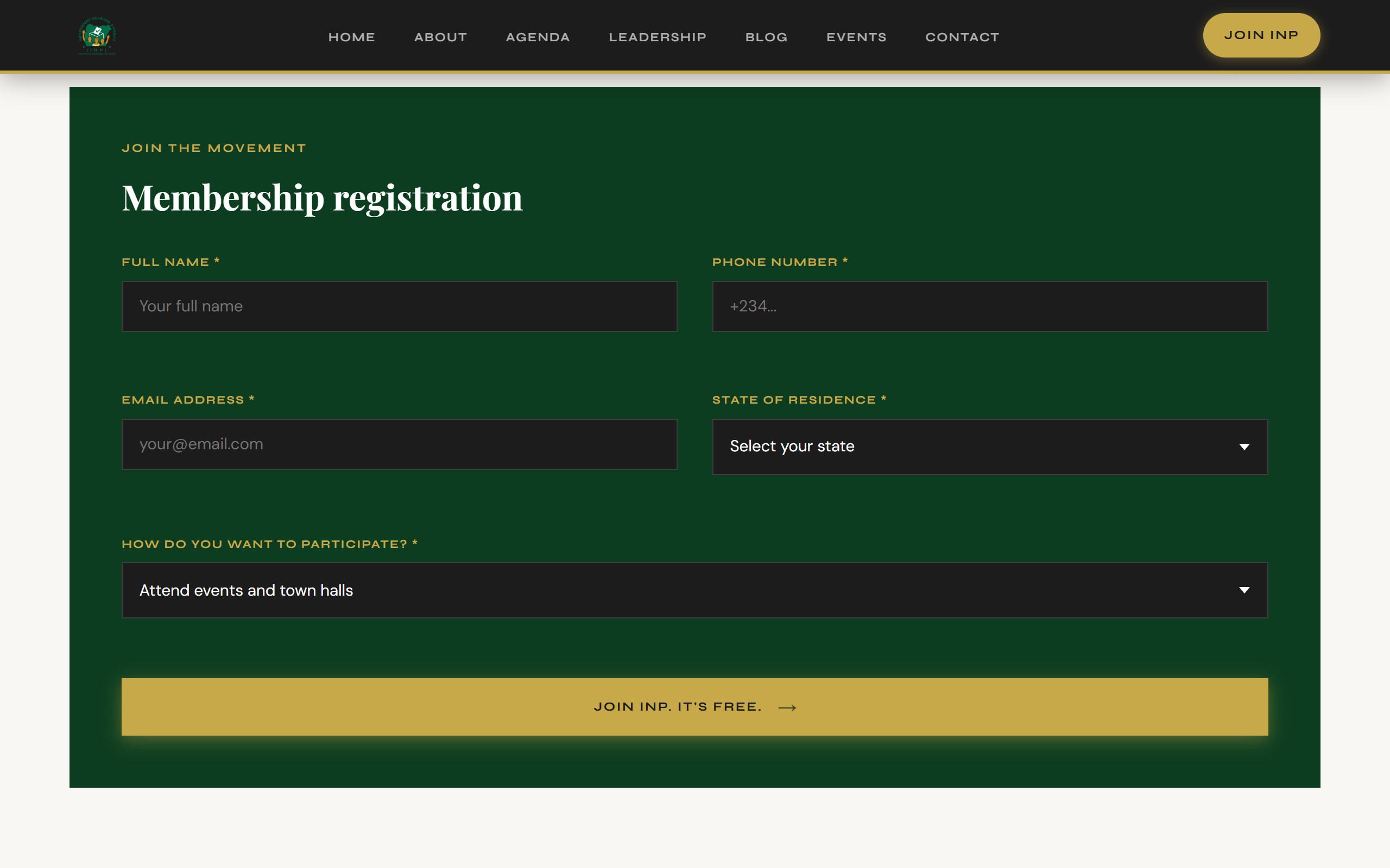 INP membership registration form on desktop