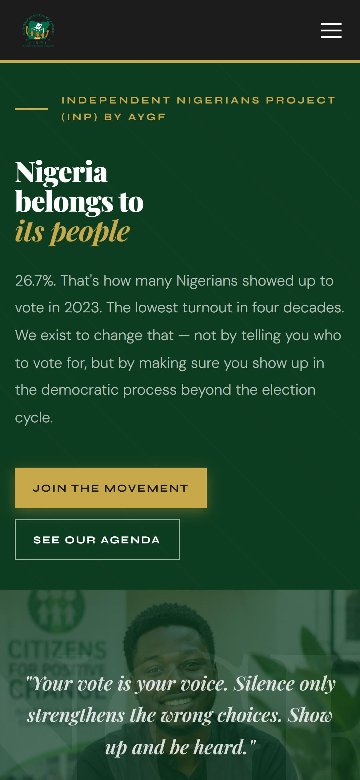 INP homepage on a phone, with Join the Movement and See Our Agenda buttons
