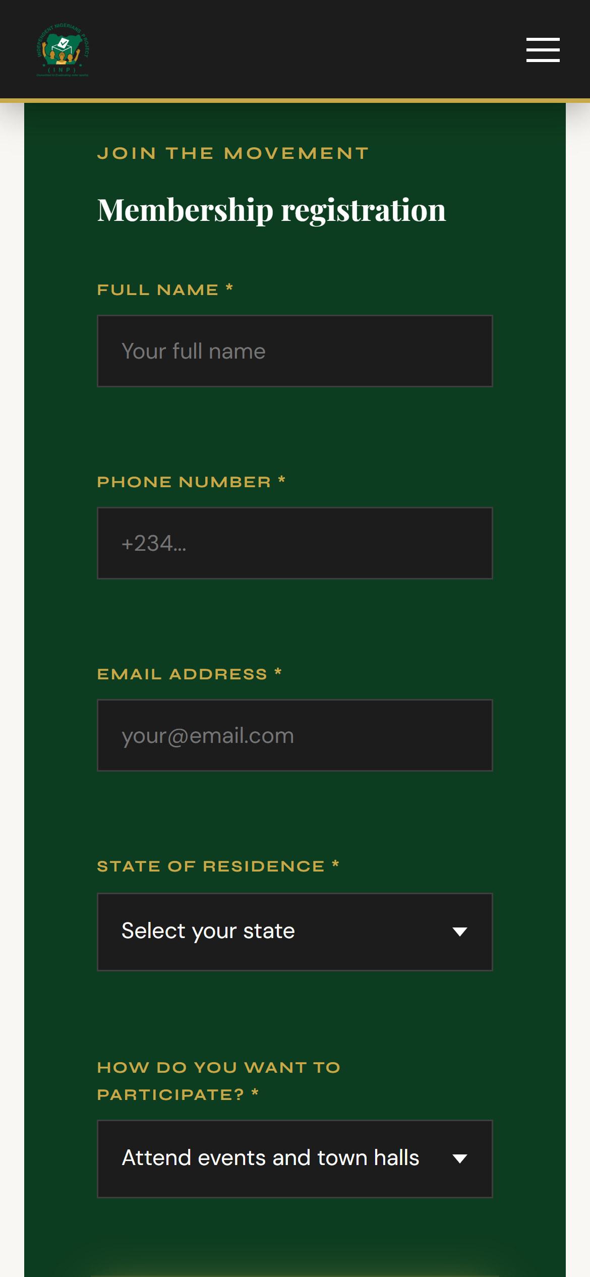 INP membership registration form on a phone: name, phone, email, state of residence and how you want to take part